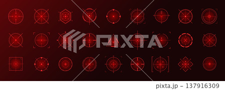 Crosshair Hud red. Futuristic combat simulator with bullseye accuracy. Game interface design. Featuring precision Hud, laser targeting, tech navigation, and neon elements. Vector illustration 137916309