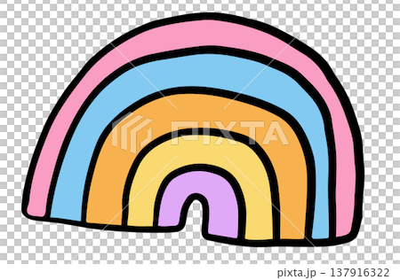Hand drawn illustration of rainbow for sticker, kid drawing style, art, tattoo, spring, summer, decoration, patch, brooch, shirt print, sign, symbol, emoji, Pride Month, sky and clouds 137916322