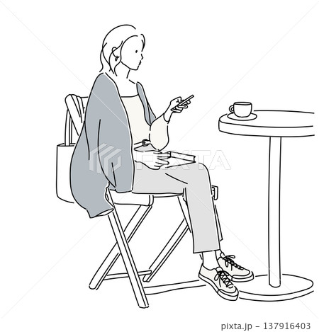 カフェでスマホを見る本を持った女性 カジュアルファッションイラスト カフェでスマホを見る本を持った女性 カジュアルファッションイラスト 137916403