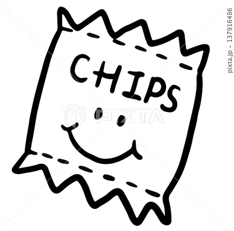 Hand drawn bag of potato chips outline for snack time, department store, grocery shopping, market, supermarket, mart, office workers, workload, coffee break, back to school, kids, youth, childhood 137916486