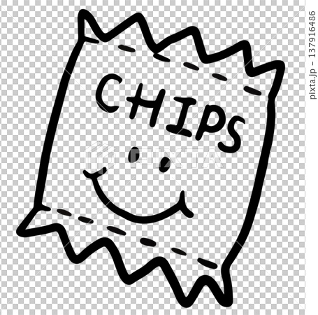 Hand drawn bag of potato chips outline for snack time, department store, grocery shopping, market, supermarket, mart, office workers, workload, coffee break, back to school, kids, youth, childhood 137916486
