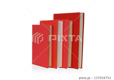 Empty red books stand upright on a white surface, isolated, PNG Empty red books stand upright on a white surface, isolated, PNG 137916752