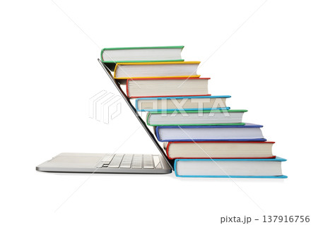 Books atop a laptop, showcasing study habits, isolated, PNG 137916756