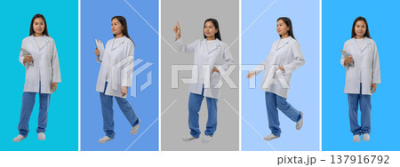 Collage, Medical worker stands in different poses with clipboard Collage, Medical worker stands in different poses with clipboard 137916792