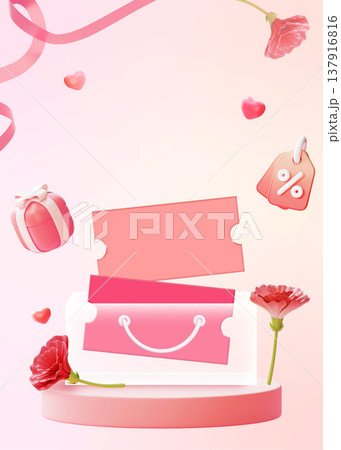 3D Pink Family Month Background with Copy Space, Carnations and Coupons for Mother's Day Template 137916816