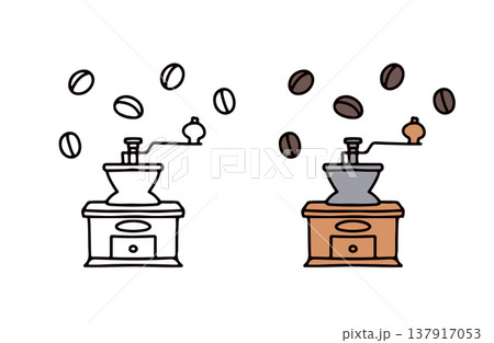 白黒と色つきのコーヒー豆とコーヒーミルのイラストセット 白黒と色つきのコーヒー豆とコーヒーミルのイラストセット 137917053