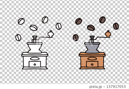 一組黑白和彩色的咖啡豆和咖啡研磨機的插圖。 一組黑白和彩色的咖啡豆和咖啡研磨機的插圖。 137917053