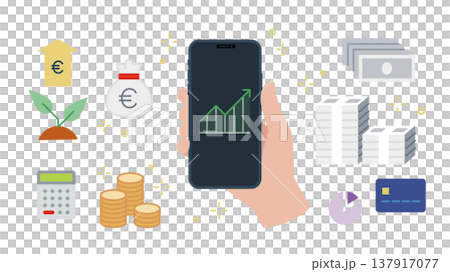 Investment and fintech icons set for smartphones held in your hand, with adjustable line width. Investment and fintech icons set for smartphones held in your hand, with adjustable line width. 137917077