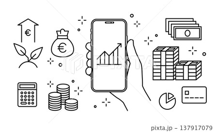 手に持ったスマートフォンで投資・フィンテック 金融アイコンセット 線幅可変 手に持ったスマートフォンで投資・フィンテック 金融アイコンセット 線幅可変 137917079
