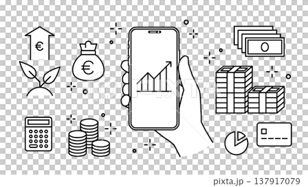 手に持ったスマートフォンで投資・フィンテック 金融アイコンセット 線幅可変 手に持ったスマートフォンで投資・フィンテック 金融アイコンセット 線幅可変 137917079