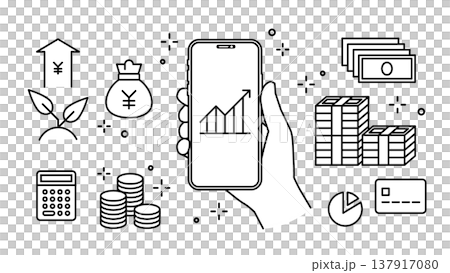 Investment and fintech icons set for smartphones held in your hand, with adjustable line width. Investment and fintech icons set for smartphones held in your hand, with adjustable line width. 137917080