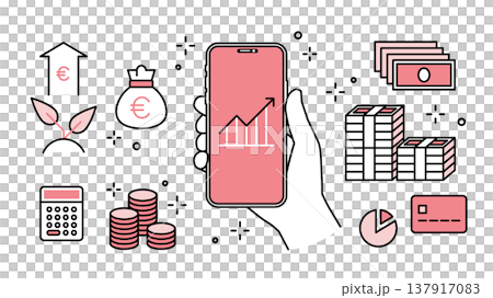 手に持ったスマートフォンで投資・フィンテック 金融アイコンセット 線幅可変　 137917083