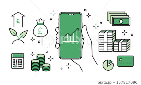 手に持ったスマートフォンで投資・フィンテック 金融アイコンセット 線幅可変 手に持ったスマートフォンで投資・フィンテック 金融アイコンセット 線幅可変 137917090