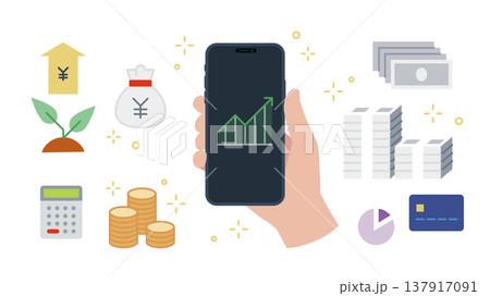 手に持ったスマートフォンで投資・フィンテック 金融アイコンセット 線幅可変 手に持ったスマートフォンで投資・フィンテック 金融アイコンセット 線幅可変 137917091