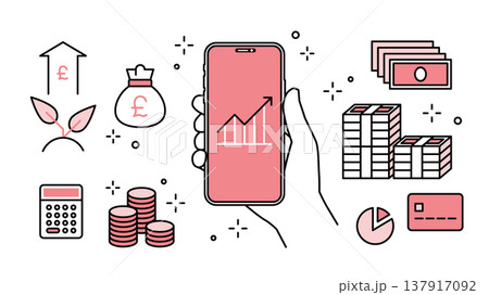 手に持ったスマートフォンで投資・フィンテック 金融アイコンセット 線幅可変　 137917092