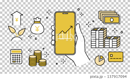 適用於手持智慧型手機的投資和金融科技圖示集，線條寬度可調。 137917094