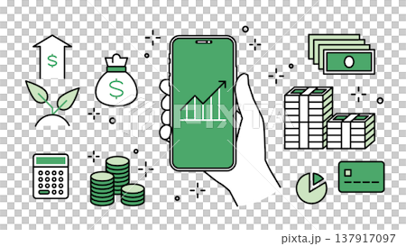 Investment and fintech icons set for smartphones held in your hand, with adjustable line width. Investment and fintech icons set for smartphones held in your hand, with adjustable line width. 137917097