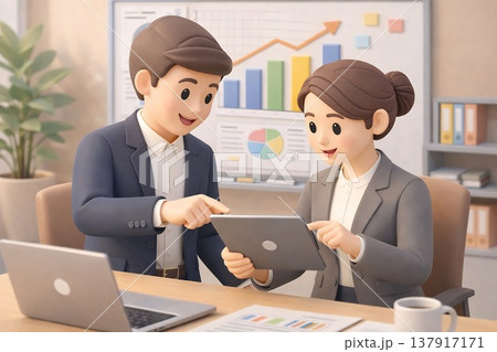 オフィスでパソコンやタブレットを使ってデータ分析を行う男女の同僚の3Dイラスト オフィスでパソコンやタブレットを使ってデータ分析を行う男女の同僚の3Dイラスト 137917171