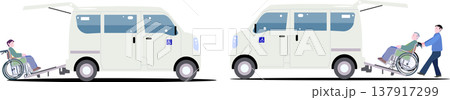 介護タクシーの車いす乗降イメージセット、スロープ付き福祉車両と介助者のイラスト（ベクターデータ・レイ 137917299