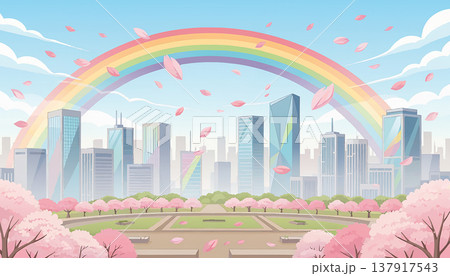 虹と桜のあるアニメ風の都市景観 生成AI 137917543