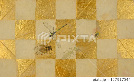 昆虫が描かれた金箔の市松模様の和風背景 生成AI 昆虫が描かれた金箔の市松模様の和風背景 生成AI 137917544