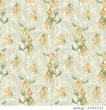 Tropical floral pattern with ylang ylang flower and leaves pastel colors. Palms foliage on striped background. Seamless watercolor botanical print for textile, wallpaper, wedding invitation. 137917717