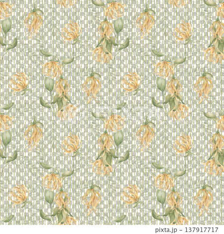 Tropical floral pattern with ylang ylang flower and leaves pastel colors. Palms foliage on striped background. Seamless watercolor botanical print for textile, wallpaper, wedding invitation. Tropical floral pattern with ylang ylang flower and leaves pastel colors. Palms foliage on striped background. Seamless watercolor botanical print for textile, wallpaper, wedding invitation. 137917717