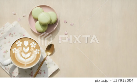 桜のラテアートのコーヒーと抹茶マカロンを木目の背景に並べ、桜の花びらを添えたフラットレイ 137918004