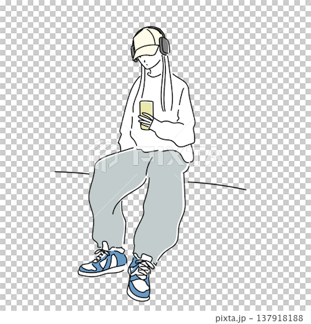 一位女士戴著耳機聽音樂，同時看著她的智慧型手機——街頭時尚插畫 137918188