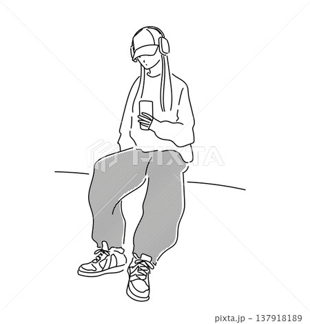 ヘッドホンで音楽を聴きながらスマホを見る女性 線画イラスト ヘッドホンで音楽を聴きながらスマホを見る女性 線画イラスト 137918189