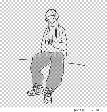 一幅線條畫插圖，描繪了一位女士戴著耳機聽音樂，同時看著她的智慧型手機。 137918189