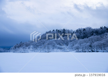 北海道の冬景色 樹氷と雪原 凍った湖と青空 北海道らしい静寂な冬の自然風景 北海道の冬景色 樹氷と雪原 凍った湖と青空 北海道らしい静寂な冬の自然風景 137919016
