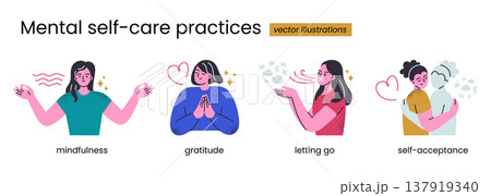 Mental self care practices character set with flat cartoon women. Gratitude, self acceptance, letting go, mindfulness and meditation abstract scenes with grainy textures, wellbeing vector illustration Mental self care practices character set with flat cartoon women. Gratitude, self acceptance, letting go, mindfulness and meditation abstract scenes with grainy textures, wellbeing vector illustration 137919340