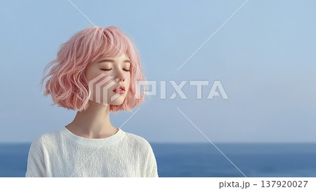 絵美シリーズ：海辺で目を閉じるピンク髪の若い女性のイラスト素材 137920027
