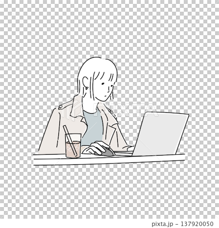 A woman working on a laptop; a lifestyle illustration depicting a cafe or desk work. 137920050