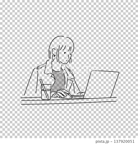ノートパソコンで作業する女性 線画イラスト 137920051