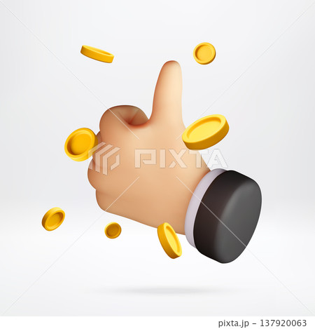 3D hand showing thumb up gesture with coins 3D hand showing thumb up gesture with coins 137920063