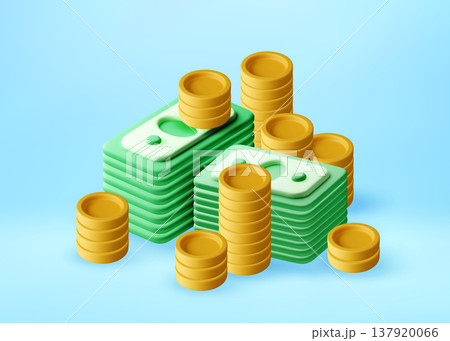 3D Stack of gold coins and pile of paper money 3D Stack of gold coins and pile of paper money 137920066