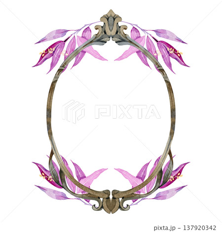 Hand drawn watercolor illustration. An antique oval ornate frame with classical finials is decorated with vibrant magenta fuchsia and purple leaves. Symmetrical vintage art for luxury wedding and Hand drawn watercolor illustration. An antique oval ornate frame with classical finials is decorated with vibrant magenta fuchsia and purple leaves. Symmetrical vintage art for luxury wedding and 137920342