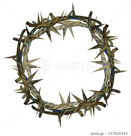 Hand drawn watercolor illustration of a crown of thorns arranged in a circular wreath. This symbolic religious element features detailed textures and sharp spikes, ideal for Easter designs, Lent, and 137920345