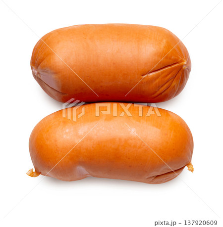 Appetizing sausages close-up on a white isolated background Appetizing sausages close-up on a white isolated background 137920609
