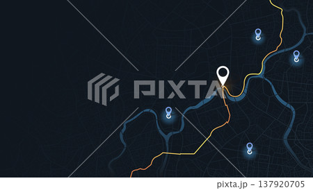 Dark city map background with glowing orange route and white pin. Vector illustration. Dark city map background with glowing orange route and white pin. Vector illustration. 137920705