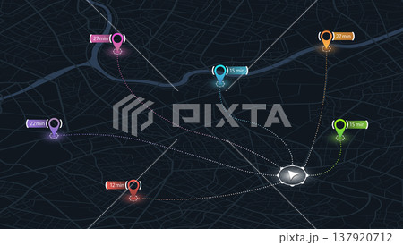 interface showing delivery times and route paths to multiple locations. Vector illustration. interface showing delivery times and route paths to multiple locations. Vector illustration. 137920712