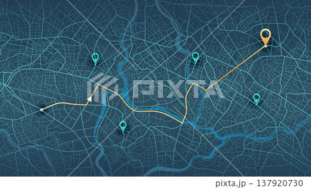 Abstract transportation background with POI. Transportation-related designs, promotional materials. Establishments, gas stations, parks, restaurants. Streets, blocks, route for movement on the streets 137920730