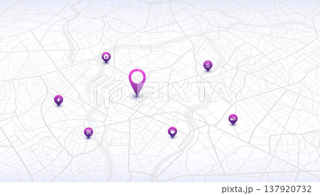 Perspective city map with purple service icons and location pins. Vector illustration. 137920732