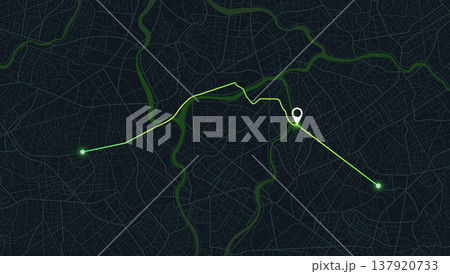 Minimalist dark city map with neon green navigation path. Vector illustration. 137920733