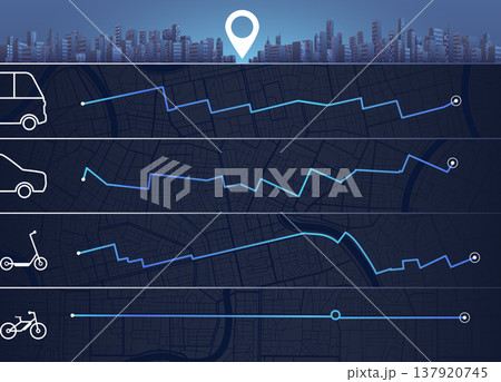 Abstract background cityscape. Traveling by various means of transport, car, bicycle, public transport, scooter. Intended goals. Navigation for obtaining data on distance, path. Vector, illustration Abstract background cityscape. Traveling by various means of transport, car, bicycle, public transport, scooter. Intended goals. Navigation for obtaining data on distance, path. Vector, illustration 137920745