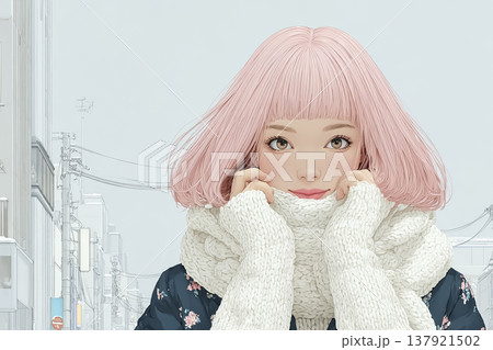 絵美シリーズ：マフラーに顔をうずめるピンク髪の若い女性の冬イラスト素材 137921502
