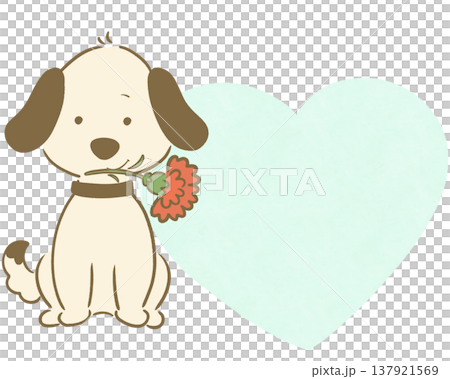 母の日 カーネーションを持った犬 ハートフレーム2 水色 137921569