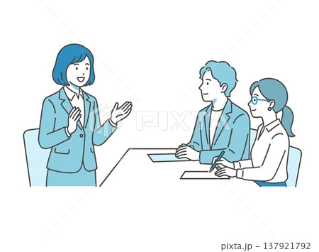 面接で自己PRをする女性と面接官のビジネスシーンイラスト 137921792